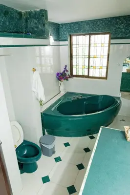 a bathroom with a green tub and a toilet at Casa Gaitán Beach and comfort by the sea in Cartagena de Indias