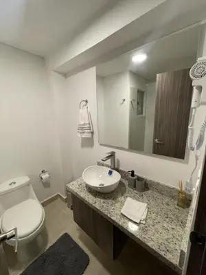 a bathroom with a toilet and a sink and a mirror at Castelo - Serena Del Mar in Puerto Tierrabaja