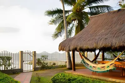 a hammock in a straw hut with a palm tree at Tu Casa de playa frente al mar, Tolú te espera in Tolú