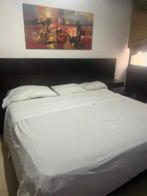 a white bed in a bedroom with a painting on the wall at Hotel Altos del Prado in Barranquilla