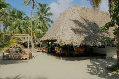 a resort with a straw hut with chairs and palm trees at Cabaña frente al mar en la playa del Calao in San Antero