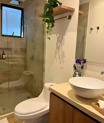 a bathroom with a sink and a toilet and a shower at New Gem, 2B, 4 blocks from Center Amazing Views in Cartagena de Indias