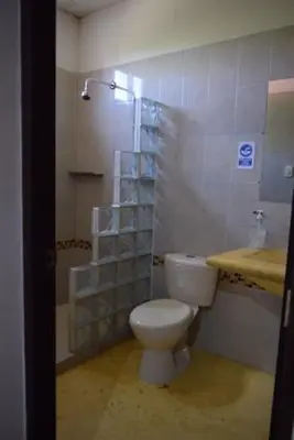 a bathroom with a toilet and a shower and a sink at Monkey Afro Hostel in San Antero