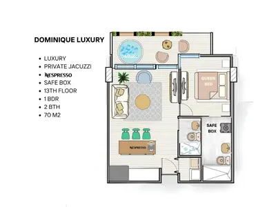 a floor plan of a small house at Dominique Luxury - 1 BR - Private Jacuzzi - 13th Floor in Cartagena de Indias