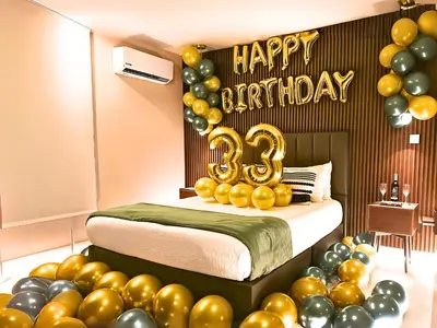 a bedroom with a bed with a bunch of balloons at Dominique Luxury - 1 BR - Private Jacuzzi - 13th Floor in Cartagena de Indias