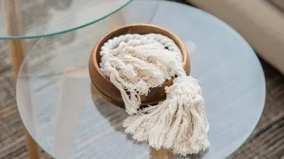 a glass table with a bowl of yarn on it at Suite romántica con terraza lounge y vista panorámica CB834 in Cartagena de Indias
