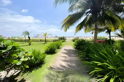 a path leading to the beach with palm trees at 1 Dormitorio y terraza Morros. Vista mar in Cartagena de Indias