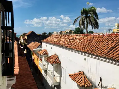 a view of roofs of buildings with a palm tree in the background at Cartagena - stunning location in walled city in Cartagena de Indias