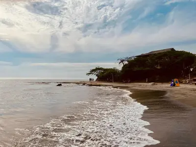 a beach with trees and the ocean on a cloudy day at Villa Colibrí in Santa Marta