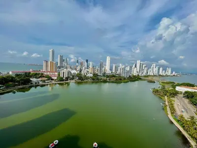 a large body of water with a city in the background at Luxury mediterranean Suite in Cartagena de Indias