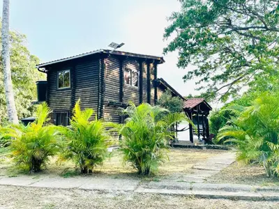 a wooden house with palm trees in front of it at Chalet Palo DAgua in Turbaco