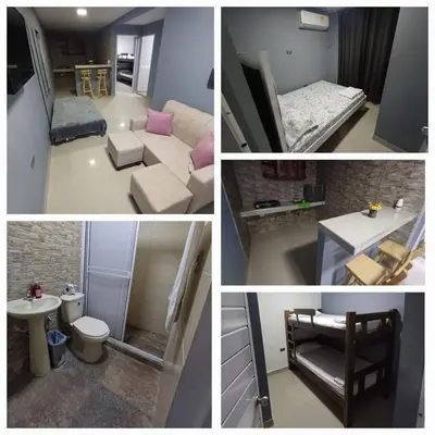 a collage of four pictures of a living room at Los paragüitas in Cartagena de Indias