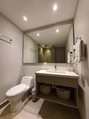 a bathroom with a sink and a toilet and a mirror at Apartamento con balcón y vista al lago in Cartagena de Indias