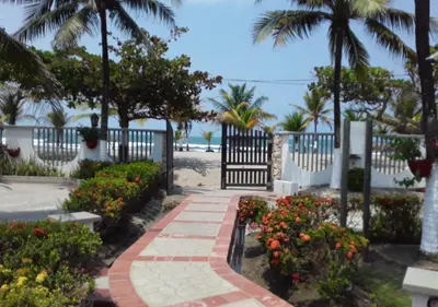 a walkway leading to the beach with palm trees and flowers at Cabaña de ensueño en Coveñas in Puerto Viejo