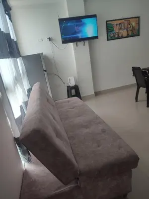 a brown couch in a living room with a flat screen tv at Torices casa hostal 47 in Cartagena de Indias