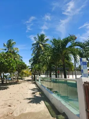 a beach with palm trees and a swimming pool at Apartamentos Mi Reserva OK - Arrecife in Coveñas