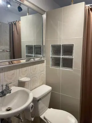 a bathroom with a toilet and a sink and a mirror at Apartaestudio Barranquilla in Barranquilla