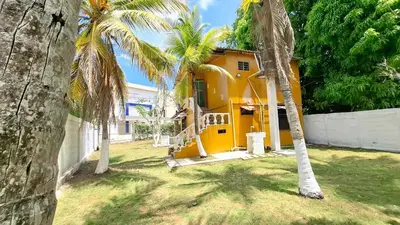 a yellow house with palm trees in a yard at Casa Guadalupe Coveñas in Coveñas