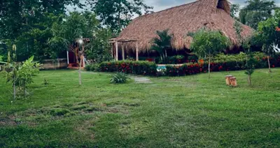a house with a grass roof with a yard at El Refugio Natural in Turbaco