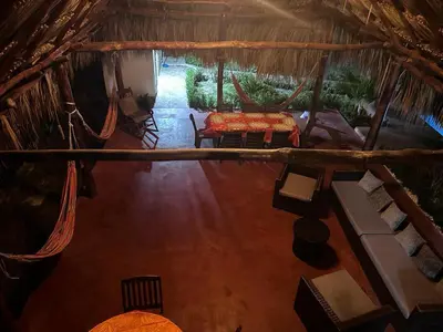 an overhead view of a room in a hut at El Refugio Natural in Turbaco
