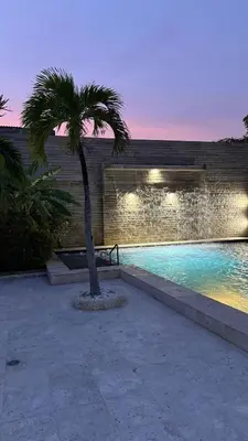 a palm tree sitting next to a swimming pool at Villa exclusiva junto al mar en Cartagena in Cartagena de Indias