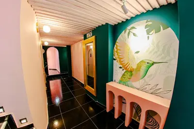 a hallway with a mural of a bird on the wall at Sublime Hotel Cartagena in Cartagena de Indias