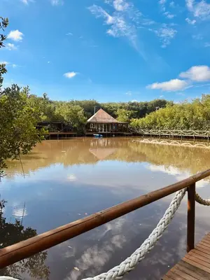 a bridge over a body of water with a house at Fotosíntesis - Apartamento frente al mar en Tolú in San Silvestre