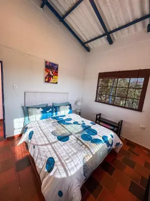 a bedroom with a large bed with blue pillows at Liz&Mar in El Morro