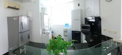 a kitchen with a glass counter with a plant in it at Palmetto Eliptic Bahia in Cartagena de Indias