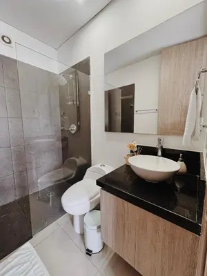 a bathroom with a sink and a toilet and a shower at Apartamento con hermosa vista en Bocagrande in Cartagena de Indias