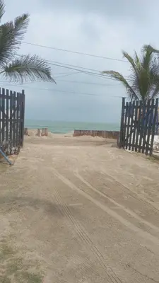 a beach with a fence and palm trees and the ocean at Cabaña el cielo in Lorica