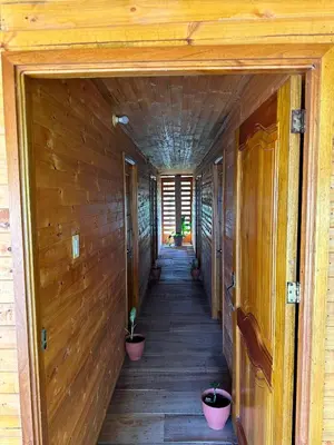 a hallway in a house with wooden walls and plants at Ibiza beach in Moñitos