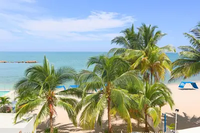 a view of a beach with palm trees and the ocean at Magico Apartamento Frente al Mar 4 Habitaciones BM33 in Coveñitas