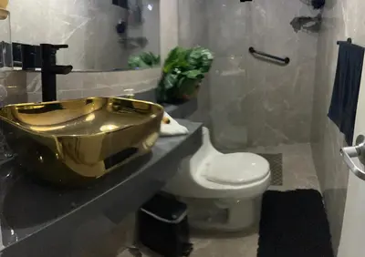 a bathroom with a gold sink and a toilet at Apartamento Vacacional en Bocagrande in Cartagena de Indias