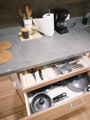 a kitchen counter top with a bunch of cooking utensils at Apartamento frente al mar in Cartagena de Indias