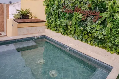 a swimming pool in front of a green wall at Casa Maguey – Refugio Tropical en el Centro de Cartagena in Cartagena de Indias