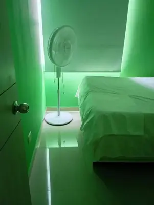a green bedroom with a fan next to a bed at Live in the Heights Fresh and Bright Apartment in Cartagena de Indias