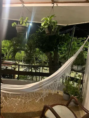 a hammock in a room with potted plants at Habitacion frente al mar en Tolú in Santiago