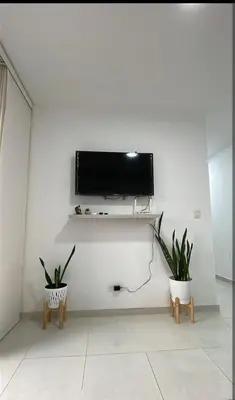 a living room with two potted plants and a television on a wall at apartamento cerca de la playa in Cartagena de Indias