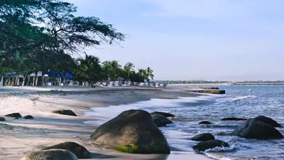 a beach with rocks and trees and the ocean at Luxe Shore & Balcony Sunrise 1108 in Santa Marta