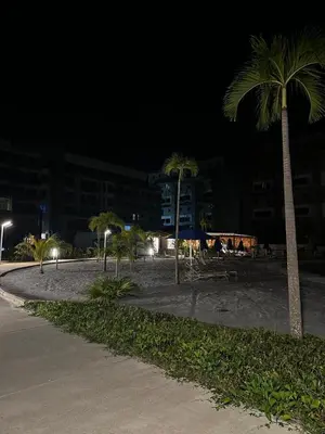 a beach at night with palm trees and a building at Baia Kristal Andrés Cartagena in Cartagena de Indias
