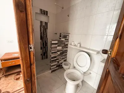 a bathroom with a toilet and a shower at Cabaña las Palmas Rincon del Mar in Rincón