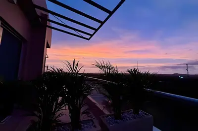 a view of a sunset from a balcony with plants at Baia Kristal: descanso, vista y naturaleza única in Los Arrayanes