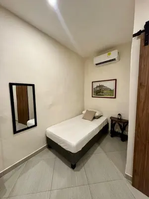 a bedroom with a bed and a mirror in it at Casa Salvatore - Getsemani - Private pool in Cartagena de Indias