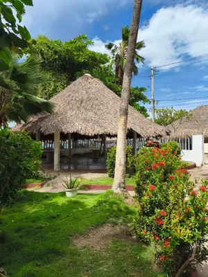atropical building with a straw roof and some flowers at Las Margaritas Frente al Mar 1 in Coveñas