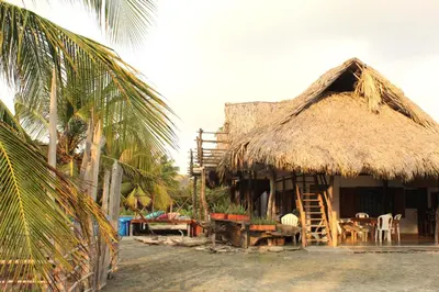 a hut with a straw roof and tables and chairs at Coco y arena cabaña frente al mar, lejos del turismo y cerca a los manglares in San Bernardo del Viento