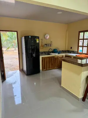 a kitchen with a black refrigerator in a room at Villa Lexis in Coveñitas