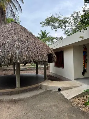 a small house with a thatched roof and a building at Villa Lexis in Coveñitas