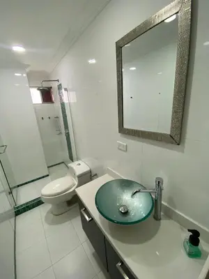 a bathroom with a sink and a toilet and a mirror at Apto Torre Centauro, El Laguito in Cartagena de Indias