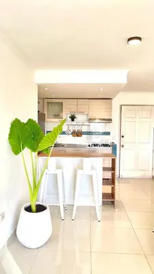 a white kitchen with a plant in a pot at Cabrero Beach 507 in Cartagena de Indias